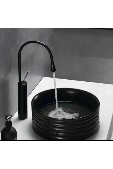 Siyah Çanak Lavabo Bataryası Modern Tasarım Banyo Bataryası Drop Design Siyah Çanak Batarya