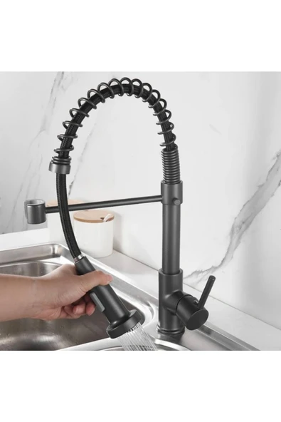 Siyah Mutfak Bataryası Siyah Endüstriyel Evye Musluğu Mat Siyah Spiralli Uzayan Sistem Batarya - Resim 3