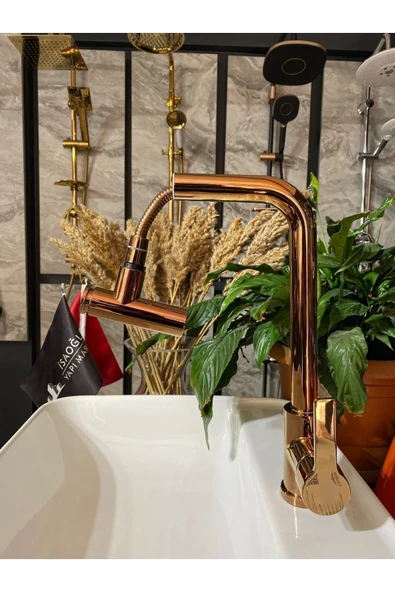 Bakır Mutfak Bataryası Bron Mutfak Musluğu Spiralli Mutfak Bataryası Uzayan Sistemli Rose Bakır Evye - Resim 2