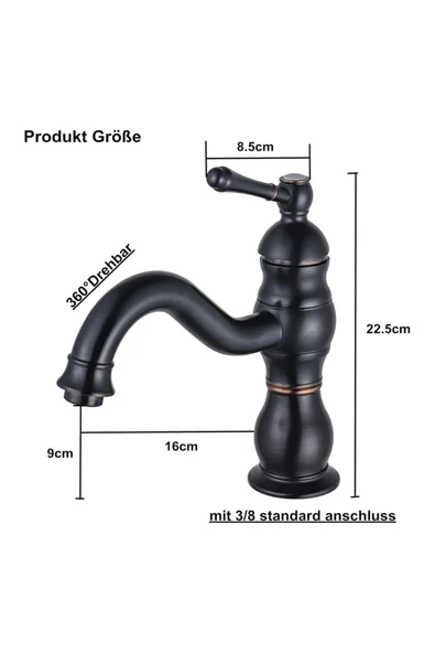 Siyah Klasik Lavabo Bataryası Vintage Armatür Banyo Bataryası - 4