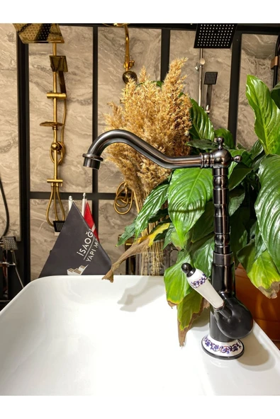 Mat Siyah Rustik Mutfak Bataryası Işlemeli Premium Tasarım Country Eviye Musluğu Siyah Batarya - Resim 2