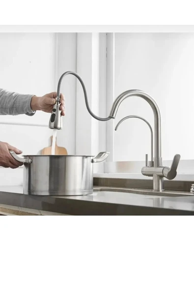 Mat Krom Mutfak Bataryası Arıtıcılı Spiralli Armatür Tazzik ve Spreyleme Mod Batarya - Resim 3