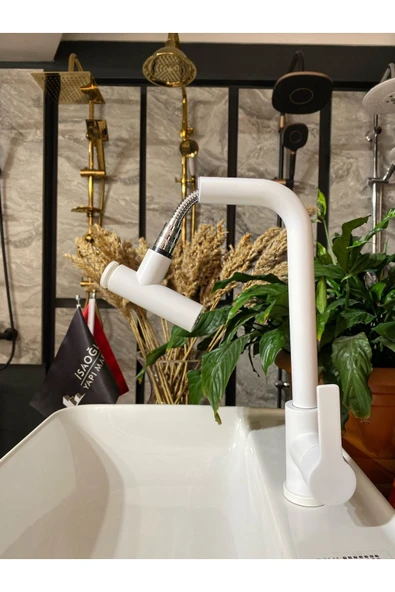 Beyaz Mutfak Bataryası Beyaz Spiralli Evye Musluğu Uzayan Sistemli Tazzik Ayarlı Batarya Evye Musluk - Resim 2