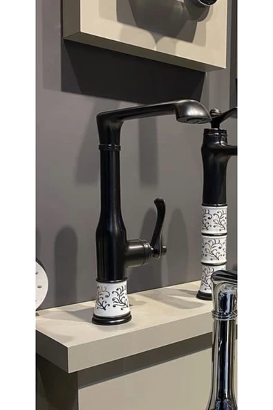 Mutfak Bataryası Siyah Evye Musluğu Vintage Tasarım Mutfak Bataryası İşlemeli - Resim 2