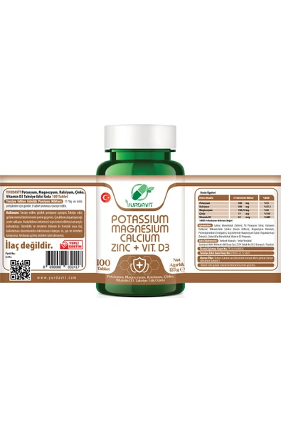 Yurdavit Kalsiyum Magnezyum Potasyum Kalium Çinko Vitamin D3 6x100 Tablet - 3