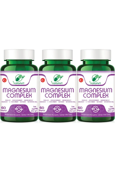 Yurdavit Magnezyum Kompleks Magnesium Complex Taurat Bisglisinat Malat Sitrat L-Treonat Hidroksit 3x60 Kapsül
