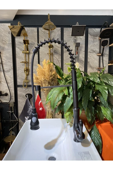 Siyah Mutfak Bataryası Spiralli Uzayan Sistem Endüstriyel Tasarım Tazzik Ayarlı Musluk - Resim 2