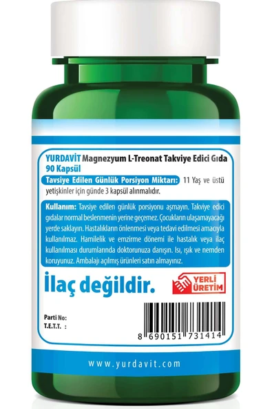 Yurdavit Magnesium L-threonate Magnezyum L-treonat 2000 Mg 90 Kapsül Vegan 4x90 Kapsül - 4