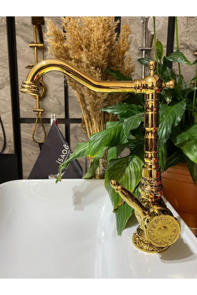 Altın Rustik Mutfak Bataryası Musluk Gold Premium Işlemeli Rustik Evye Bataryası - 2