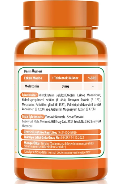 Yurdavit Melatonin Uykuya Yardımcı Gıda Takviyesi 3 Mg 120 Tablet Yerli Üretim 2X120 Tablet - Resim 3