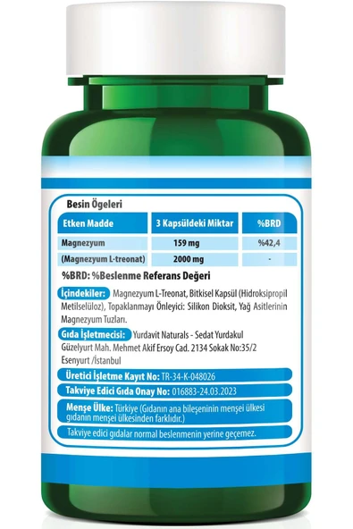 Yurdavit Magnesium L-threonate Magnezyum L-treonat 2000 Mg 90 Kapsül Vegan 4x90 Kapsül - 3