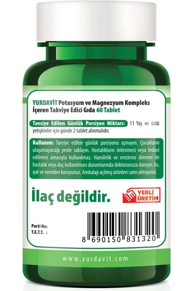 Yurdavit Kalıum Magnesıum Complex 60 Tablet Potasyum Magnezyum Sitrat Malat Bisglisinat Kompleks. 4X60 Tablet - 4