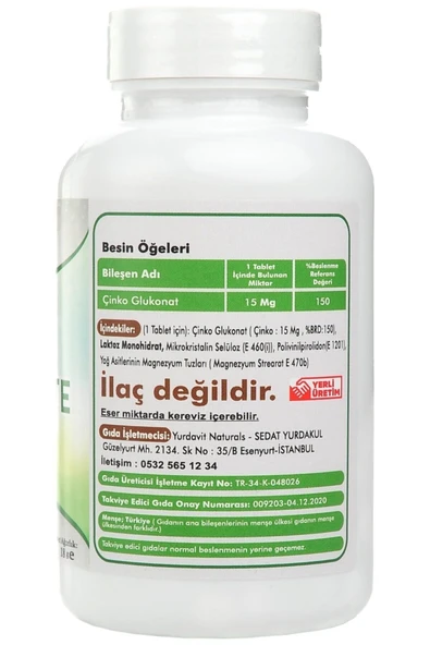 Yurdavit Zinc Gluconate Çinko Glukonat 120 Tablet - 2