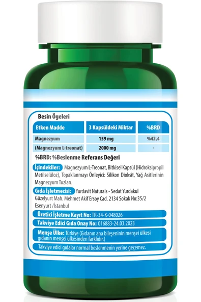 Yurdavit Magnesium L-threonate 90 Kapsül Aromasız Vegan - 2