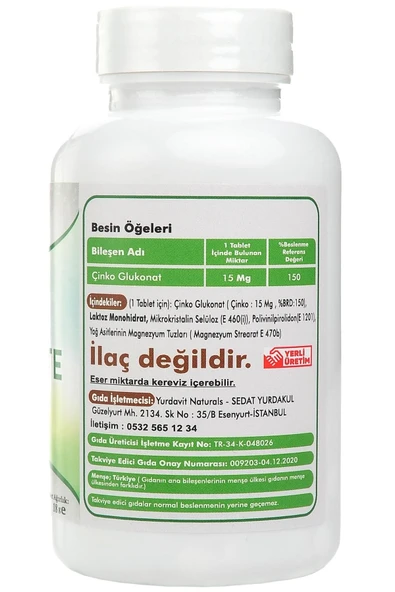 Yurdavit Zinc Çinko Glukonat 15 Mg 120 Tablet 4X120 Tablet - 3
