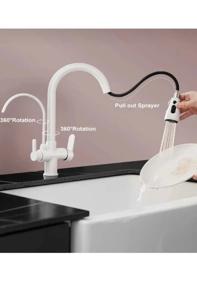 Beyaz Mutfak Bataryası Arıtmalı Spiralli Evye Armatür Spreyleme Mod Eviye Bataryası - Resim 3