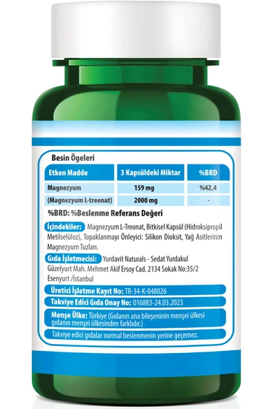 Yurdavit Magnezyum L-treonat 2000 Mg 90 Vegan Kapsül 04-2024 - 2