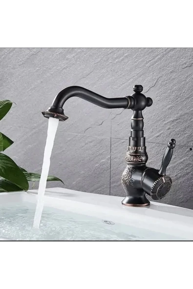 Siyah Lavabo Bataryası İşlemeli Premium Tasarım Lavabo Musluğu Rustik Tasarım Banyo Bataryası Siyah ürün görseli
