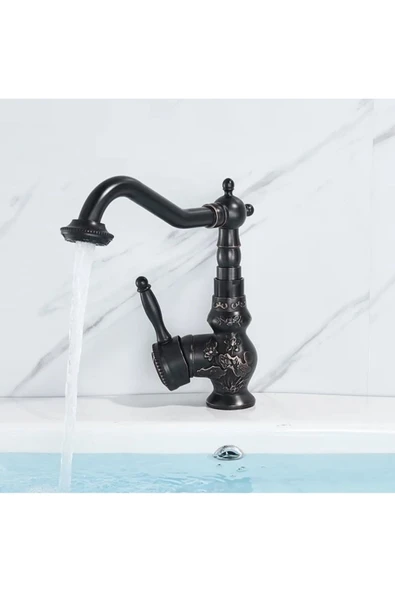 Siyah Lavabo Bataryası İşlemeli Premium Tasarım Lavabo Musluğu Rustik Tasarım Banyo Bataryası Siyah - Resim 3