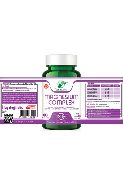 Yurdavit Magnezyum Kompleks 60 Kapsül Malat Bisglisinat Taurat Sitrat Oksit L-Treonnat B6 Vitamini - 4