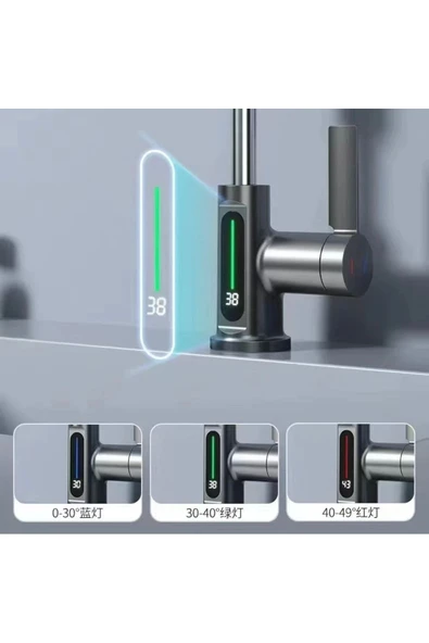 Antrasit Mutfak ve Banyo Lavabo Bataryası Dijital Göstergeli Boy Ayarlı Spiralli Armatür - Resim 3