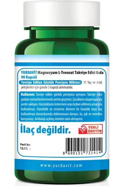 Yurdavit Magnesium L-threonate 90 Kapsül Aromasız Vegan - 3