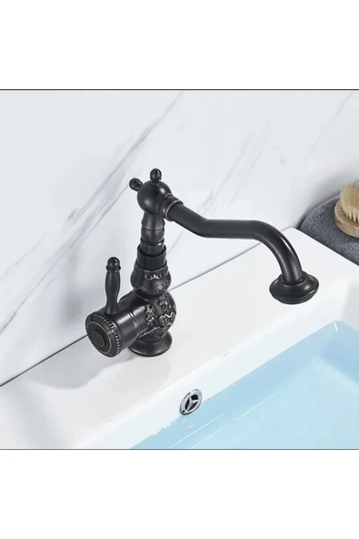 Siyah Lavabo Bataryası İşlemeli Premium Tasarım Lavabo Musluğu Rustik Tasarım Banyo Bataryası Siyah - Resim 2