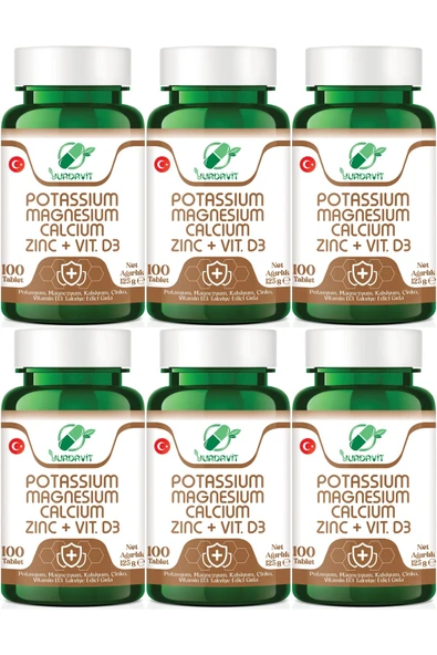Yurdavit Kalsiyum Magnezyum Potasyum Kalium Çinko Vitamin D3 6x100 Tablet