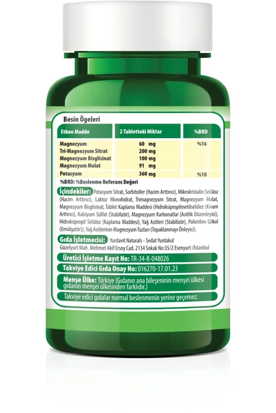 Yurdavit Magnesium L-threonate Magnezyum L-treonat Potasyum Magnezyum Sitrat Malat Bisglisinat Kompleks - 2