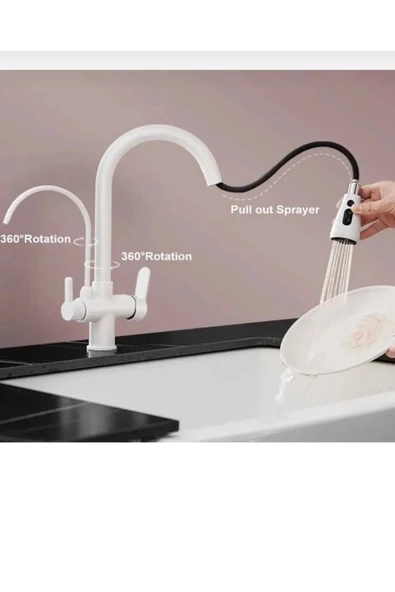 Beyaz Mutfak Bataryası Arıtmalı Spiralli Evye Armatür Spreyleme Mod Eviye Bataryası ürün görseli