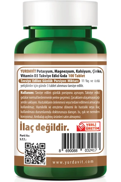 Yurdavit Kalsiyum Magnezyum Potasyum Kalium Çinko Vitamin D3 100 Tablet - 4