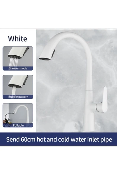 Beyaz Spiralli Mutfak Bataryası Gizli Spiralli Tazzik Ayarlı Batarya Beyaz Musluk - Resim 2