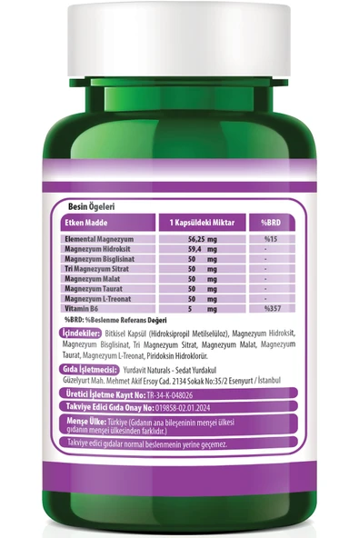Yurdavit Magnezyum Complex 60 Tablet- Bisglisinat + Sitrat + Malat + L-Threonat + & Taurat + & Vitamin B6 - 2