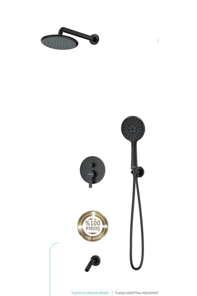 Siyah Ankastre Duş Sistemi Zeus Yuvarlak Mat Siyah 3 Yönlü Duş Sistemi Pirinç Malzeme ürün görseli