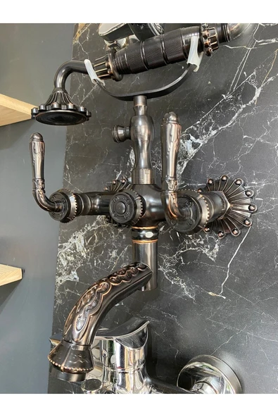 Siyah Duş Seti Siyah Vintage Duş Sistemi Klasik Tasarım Işlemeli Duş Seti - Resim 7