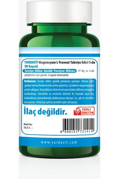 Yurdavit Magnesium L-threonate Magnezyum L-treonat 2000 Mg 90 Kapsül Vegan - 3