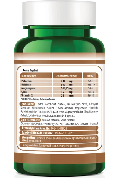 Yurdavit Kalsiyum Magnezyum Potasyum Kalium Çinko Vitamin D3 6x100 Tablet - 4