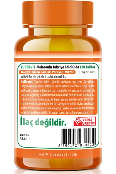 Yurdavit Melatonin Uykuya Yardımcı Gıda Takviyesi 3 Mg 120 Tablet Yerli Üretim 2X120 Tablet - Resim 4