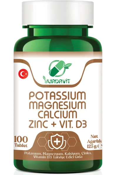 Yurdavit Kalsiyum Magnezyum Potasyum Kalium Çinko Vitamin D3 100 Tablet