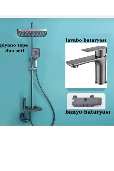 Antrasit Duş Seti Antrasit Lavabo Bataryası Antrasit Gri Set Piano Tasarım Banyo Yağmurlama ürün görseli