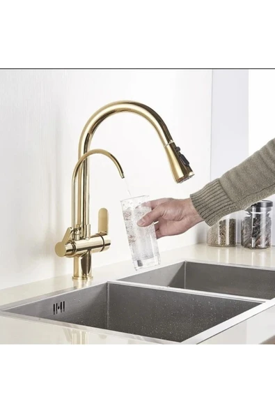 Arıtmalı Mutfak Bataryası Gold Evye Bataryası Spiralli Arıtmalı Uzayan Sistem Arıtmalı Altın Renk - Resim 2
