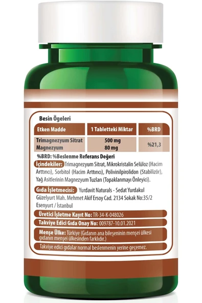 Yurdavit Magnesium Citrate 500 Mg 120 Tablet (magnezyum Magnesyum Sitrat) 4x120 Tablet - 3