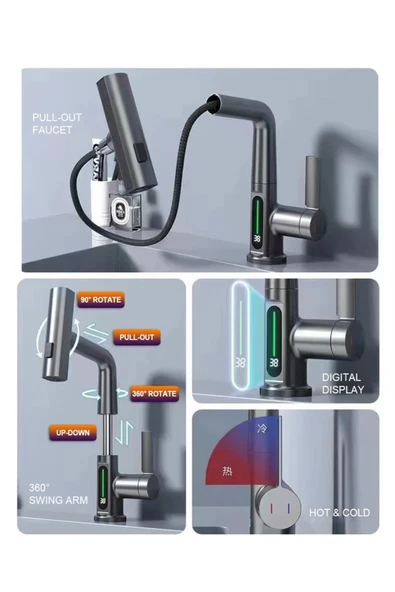 Antrasit Mutfak ve Banyo Lavabo Bataryası Dijital Göstergeli Boy Ayarlı Spiralli Armatür - Resim 4