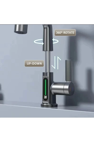 Antrasit Mutfak ve Banyo Lavabo Bataryası Dijital Göstergeli Boy Ayarlı Spiralli Armatür - Resim 2