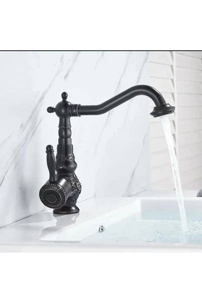 Siyah Lavabo Bataryası İşlemeli Premium Tasarım Lavabo Musluğu Rustik Tasarım Banyo Bataryası Siyah - Resim 4