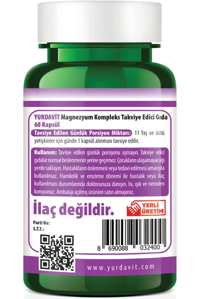 Yurdavit Magnezyum Kompleks Magnesium Complex Taurat Bisglisinat Malat Sitrat L-Treonat Hidroksit 4x60 Kapsül - 4