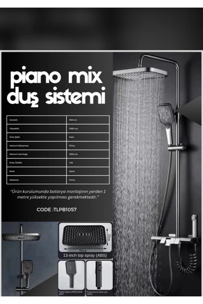 Siyah Piano Duş Sistemi Batarya Dahil Komple Yağmurlama Seti Mat Siyah Tazzik ve Basınç Ayarlı Duş - 2