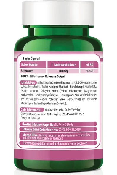 Yurdavit Selenyum 200 Mcg SELENIUM L-SELENOMETIONIN 120 Tablet FİLİM KAPLI TABLET - 3