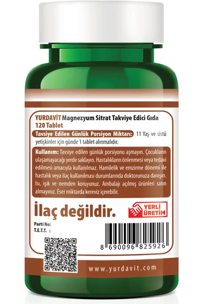 Yurdavit Magnezyum Sitrat 500 Mg 120 Tablet Magnesium Citrate - 2