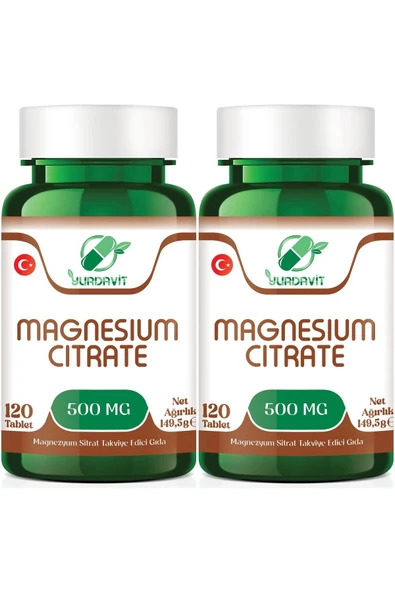 Yurdavit Magnesium Citrate 500 Mg 120 Tablet (magnezyum Magnesyum Sitrat) 2x120 Tablet